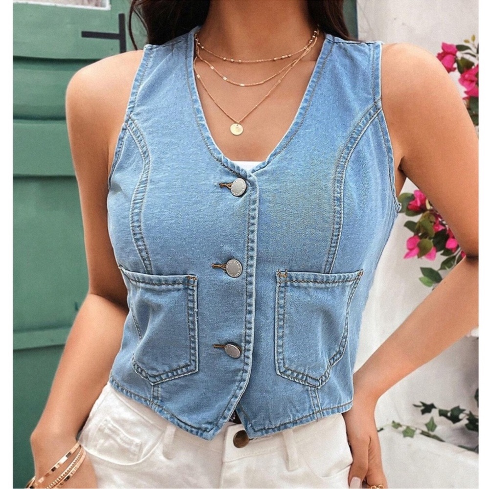 Light Wash Button Up Denim Crop Vest XS S M L XL